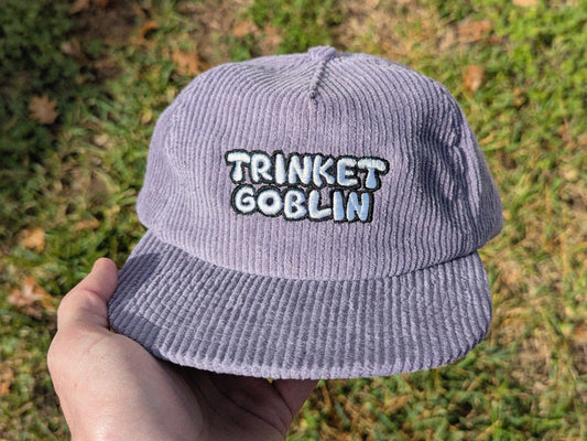 Trinket Goblin Embroidered Corduroy Hat - Flat Bill Adjustable Hat - Unisex Rave Hat Festival Hat EDM Outfit Accessory