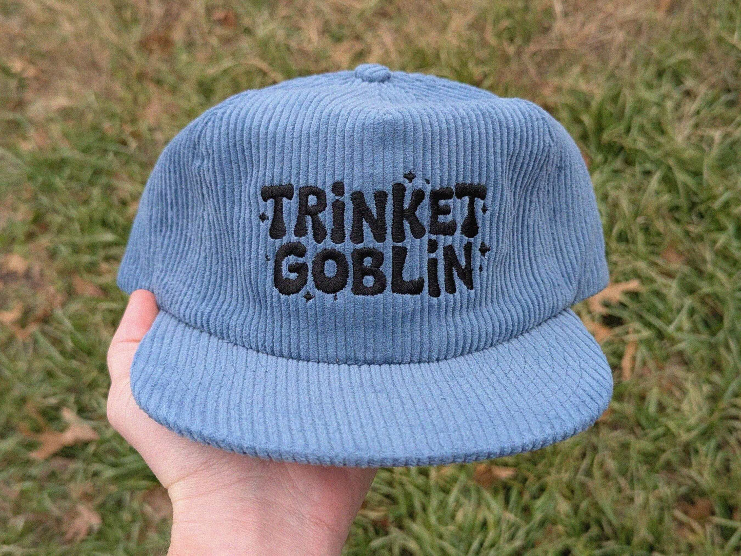 Blue trinket goblin corduroy cap rave festival hat EDM accessories