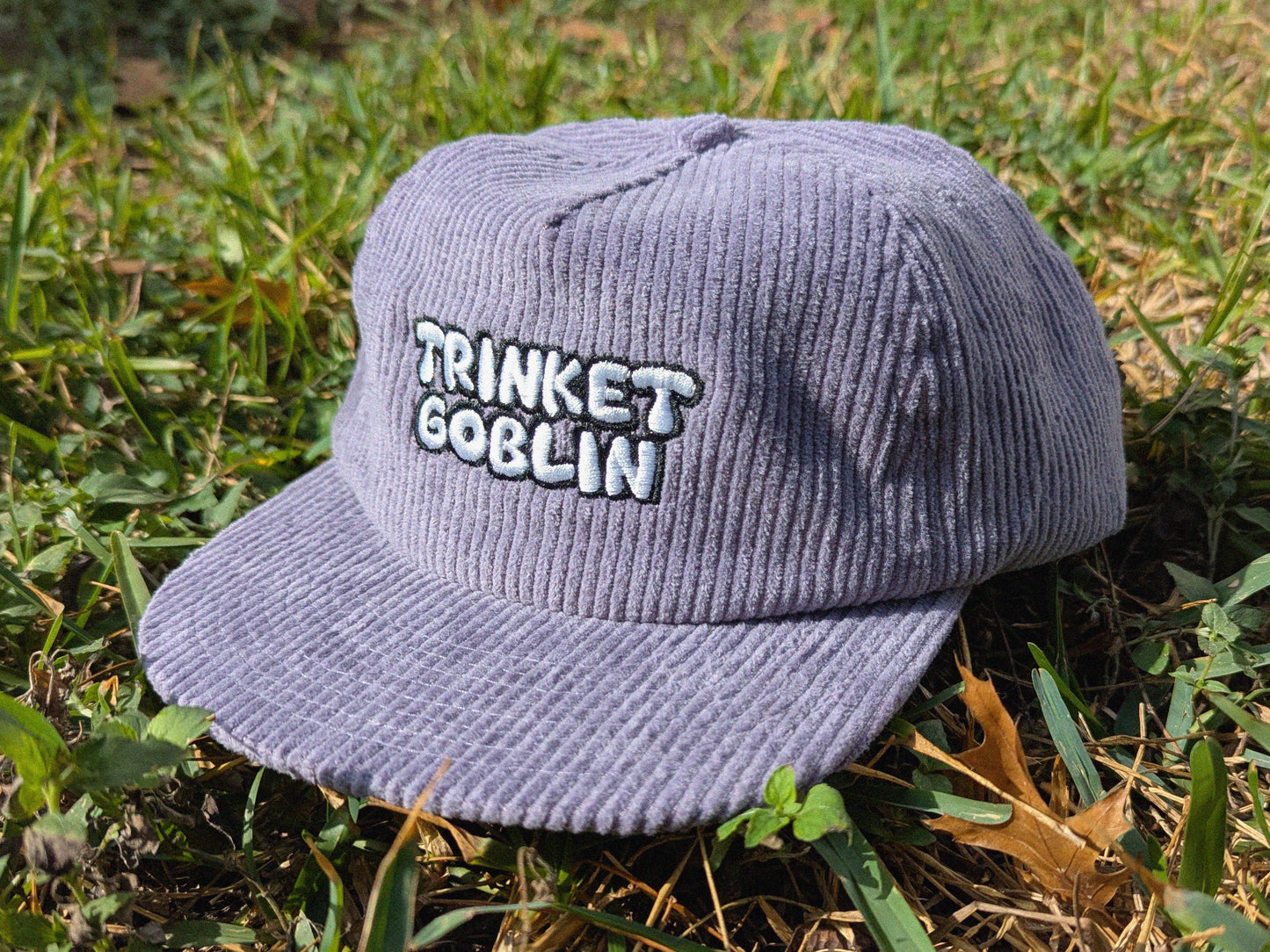 Trinket Goblin Embroidered Corduroy Hat - Flat Bill Adjustable Hat - Unisex Rave Hat Festival Hat EDM Outfit Accessory