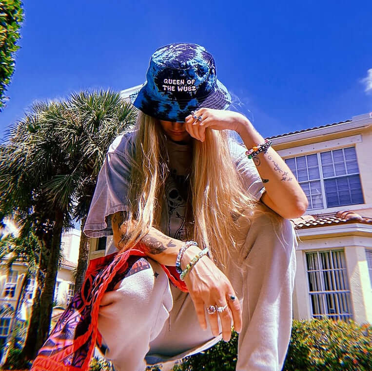 Festival bucket hat rave gear tie dye Queen Of The Wubz bass headwear EDM concert accessory
