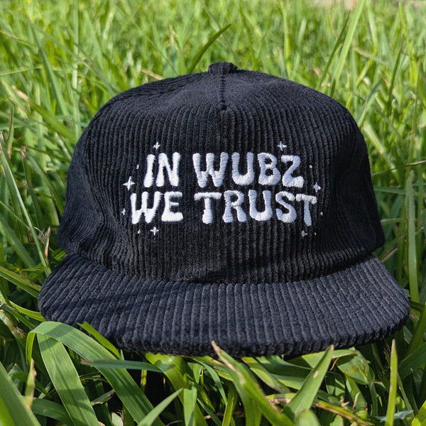 Black corduroy rave cap with 'IN WUBZ WE TRUST' embroidery