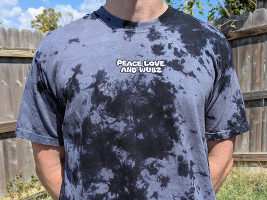 Peace Love and Wubz Embroidered Tie Dye Shirt - Festival Rave Wear EDM Bass Music Tee Rave Outfit Dubstep Basshead Shirt Festival Clothing Rave Girl Gift Mens Rave Shirts Unisex Rave Shirt