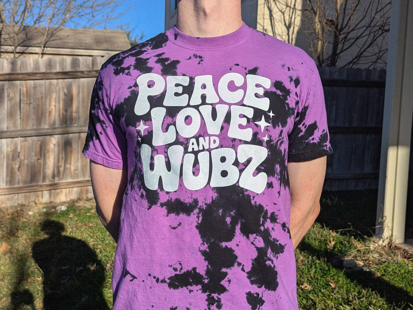 Purple and black tie dye peace love and wubz rave shirt festival tee