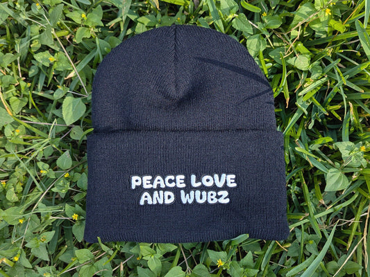 Peace Love and Wubz Embroidered Beanie Hat - Rave Festival Wear EDM Plur Wook Hat - Riddim Bass Music Dubstep Headwear Gift for Ravers